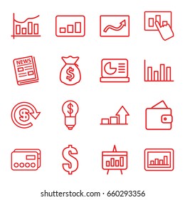 Finance icons set. set of 16 finance outline icons such as wallet, dollar, graph, chart, news, chart on display, money sack, credit card, bulb with dollar