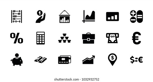 Finance icons. set of 18 editable filled finance icons: atm money withdraw, graph, credit card, piggy bank, gold, chart, dollar location, case, euro, calculator, abacus