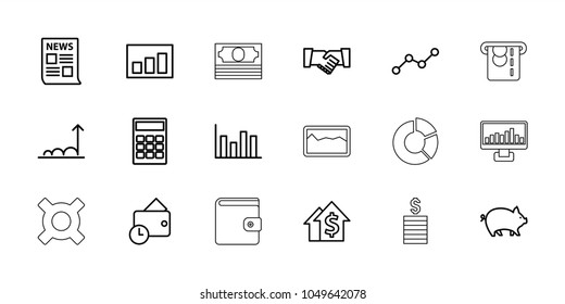 Finance icons. set of 18 editable outline finance icons: pig, calculator, dolar growth, news, chart, line graph, handshake, wallet, graph, coin, atm money withdraw