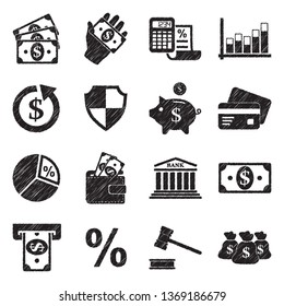 Finance Icons. Set 2. Black Scribble Design. Vector Illustration.