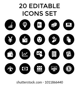 Finance icons. set of 20 editable filled finance icons such as wallet, cash payment, chart, wallet, safe, hand on graph, news. best quality finance elements in trendy style.