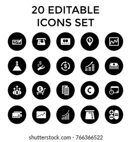 Finance icons. set of 20 editable filled finance icons such as money, atm money withdraw, dollar, coin, chart, credit card, check, credit card in atm, line graph