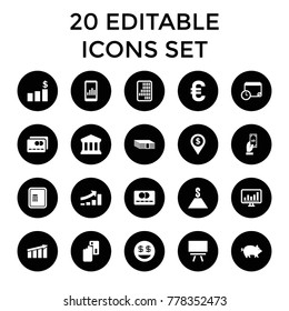 Finance icons. set of 20 editable filled finance icons such as pig, atm, payment, money, creadit card payment, dollar smiley. best quality finance elements in trendy style.