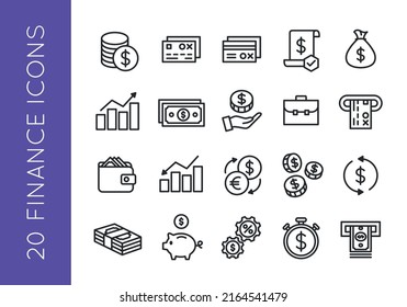 Finance icons. Set of 20 finance trendy minimal icons. Money, coin, wallet, credit card, chart icon. Design signs for social media, web page, mobile app. Vector illustration