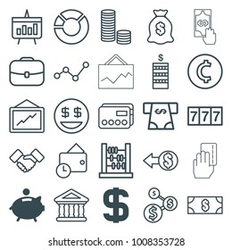 Finance icons. set of 25 editable outline finance icons such as piggy bank, dollar, 7 number, coin, atm money withdraw, money sack, graph, money, credit card, coin, abacus