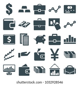 Finance icons. set of 25 editable filled finance icons such as wallet, credit card, wallet, dollar, graph, money, gold, case, hand on graph, camera case, news, piggy bank