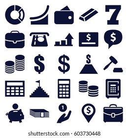 Finance icons set. set of 25 finance filled icons such as Coin, ATM money withdraw, 7 number, gold, safe, case, calculator, auction, coin, graph, pyramid flag, calclator