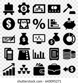 Finance icons set. set of 25 finance filled icons such as credit card, board, coin, wallet, atm money withdraw, money sack, news, safe, auction, piggy bank, graph, chart