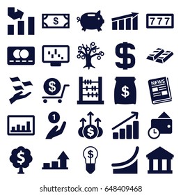 Finance icons set. set of 25 finance filled icons such as 7 number, money, credit card, dollar, money on hand, graph, news, wallet, chart, bulb with dollar, abacus, bank