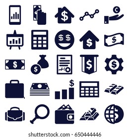Finance icons set. set of 25 finance filled icons such as dollar smiley, case, line graph, signed document, camera case, buying a house, chart, calclator, money bag, gold bar