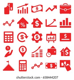 Finance icons set. set of 25 finance filled icons such as case, line graph, mortgage, graph, wallet, dollar, calculator, chart, pyramid flag, hand on graph, bank, dollar gear