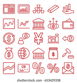 Finance icons set. set of 25 finance outline icons such as credit card, gold, graph, line chart, chart, court building, auction, graph on hand, money sack, wallet, coin, bank