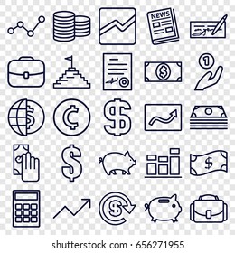 Finance icons set. set of 25 finance outline icons such as pig, coin, line chart, chart, news, signed document, camera case, graph, dollar, money dollar, pyramid flag
