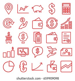 Finance icons set. set of 25 finance outline icons such as pig, wallet, wallet, money on hand, dollar, news, line chart, pie chart, signed document, graph, money tree, euro