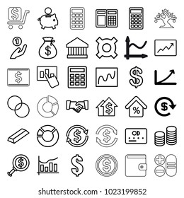 Finance icons. set of 36 editable outline finance icons such as dollar, graph, credit card, coin, money sack, gold, circle intersection, bank, coin on hand, chart, piggy bank