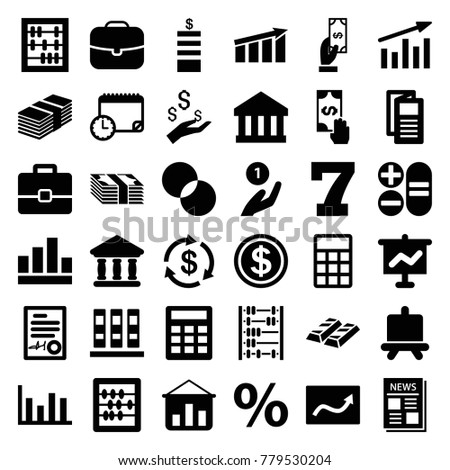 Finance icons. set of 36 editable filled finance icons such as board, money, coin, payment, 7 number, abacus, circle intersection, news, graph, binder, case, bank