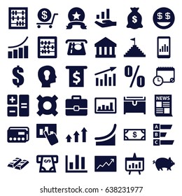 Finance icons set. set of 36 finance filled icons such as pig, money, atm money withdraw, dollar, chest, abacus, graph, dollar smiley, line graph, chart, pyramid flag