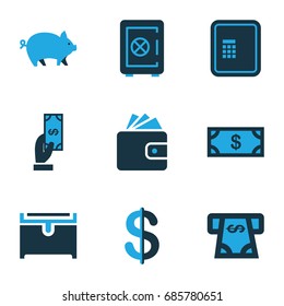 Finance icons set. set of 9 finance bi-color icons such as pig, atm, safe, coin, money, payment, wallet, atm money withdraw