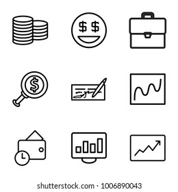 Finance icons. set of 9 editable outline finance icons such as coin, dollar smiley, chart, check, dollar search, chart on display, line graph, wallet