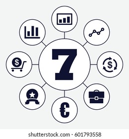 finance icons set. Set of 9 finance filled icons such as Money, dollar, 7 number, line graph, graph, case, medal, euro