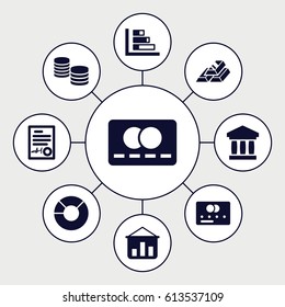 Finance icons set. set of 9 finance filled icons such as credit card, signed document, pie chart, gold bar, money, graph, bank