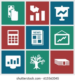 Finance icons set. set of 9 finance filled icons such as graph, news, calculator, money, cash payment, money tree, graph on board