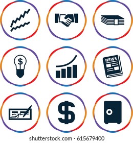 Finance icons set. set of 9 finance filled icons such as graph, news, handshake, dollar, bulb with dollar, money, safe