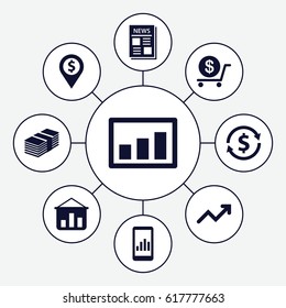 Finance icons set. set of 9 finance filled icons such as dollar, news, graph, money, graph on display, money exchange, dollar location