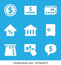 Finance icons set. set of 9 finance filled icons such as mortgage, hand on graph, dollar coin, bank, credit card, safe, dollar sign in cloud, dollar card