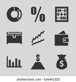 Finance icons set. set of 9 finance filled icons such as wallet, chest, money sack, chart, pie chart, percent, dollar, abacus