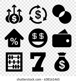 Finance icons set. set of 9 finance filled icons such as money, money sack, 7 number, circle intersection, dollar smiley, mortgage, money up, abacus