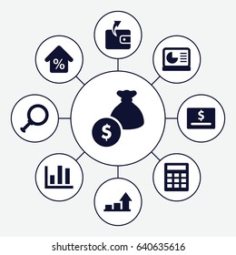 Finance icons set. set of 9 finance filled icons such as wallet, mortgage, graph, chart on display, money bag, chart, dollar card, calculator
