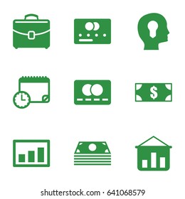 Finance icons set. set of 9 finance filled icons such as credit card, case, graph, calendar with clock, head with keyhole, money