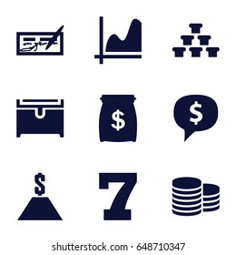 Finance icons set. set of 9 finance filled icons such as coin, 7 number, chest, dollar, money sack, graph, dollar sign in cloud, check