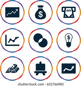Finance icons set. set of 9 finance filled icons such as board, money sack, atm money withdraw, circle intersection, line graph, chart, gold bar