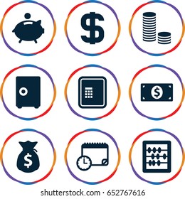 Finance icons set. set of 9 finance filled icons such as atm, abacus, piggy bank, dollar, money dollar, money sack, calendar with clock, safe