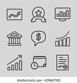 Finance icons set. set of 9 finance outline icons such as graph, bank, signed document, calendar with clock, medal, dollar sign in cloud, chart on display