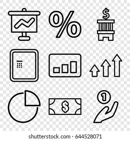 Finance icons set. set of 9 finance outline icons such as atm, pie chart, graph, money, coin on hand, bank, graph on board, chart