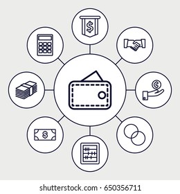 Finance icons set. set of 9 finance outline icons such as money, abacus, circle intersection, handshake, wallet, calculator, money, hand on coin