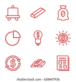 Finance icons set. set of 9 finance outline icons such as board, gold, money sack, news, pie chart, gold bar, bulb with dollar, money exchange