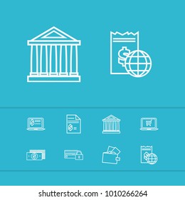 Finance icons set with bill invoice, wallet and online payment elements. Set of finance icons and currency concept. Editable vector elements for logo app UI design.