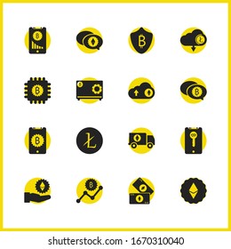 Finance icons set with bitcoin comment, transport ethereum and graph bitcoin elements. Set of finance icons and truck concept. Editable vector elements for logo app UI design.