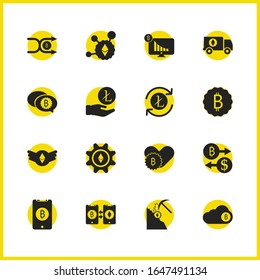 Finance icons set with bitcoin, desktop graphic and litecoin exchange elements. Set of finance icons and touchscreen concept. Editable vector elements for logo app UI design.