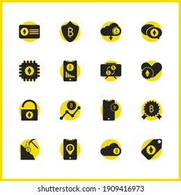 Finance icons set with blockchain, chip ethereum and seminar board elements. Set of finance icons and chat concept. Editable vector elements for logo app UI design.
