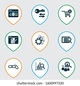 Finance icons set with blogging, ecommerce solution, link building and other browser elements. Isolated vector illustration finance icons.