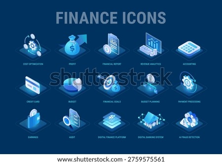 Finance icons set for Business Technology workflow diagram and presentation - Cost, profit, financial report, banking system, budget, audit, AI fraud detection - high quality premium isometric vector