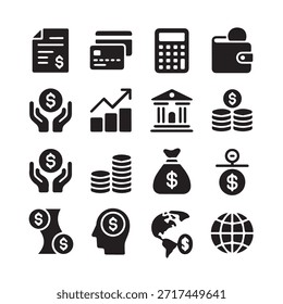 Conjunto de iconos de finanzas. Para el hombre de negocios, análisis, estadísticas, gráficos, tablero de instrumentos, informes, visualización, negocios, tecnología, gráfico de crecimiento, gestión de dinero.

