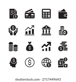 Conjunto de iconos de finanzas. Para el hombre de negocios, análisis, estadísticas, gráficos, tablero de instrumentos, informes, visualización, negocios, tecnología, gráfico de crecimiento, gestión de dinero.
