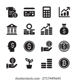 Conjunto de iconos de finanzas. Para el hombre de negocios, análisis, estadísticas, gráficos, tablero de instrumentos, informes, visualización, negocios, tecnología, gráfico de crecimiento, gestión de dinero.
