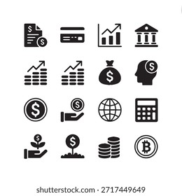 Conjunto de iconos de finanzas. Para el hombre de negocios, análisis, estadísticas, gráficos, tablero de instrumentos, informes, visualización, negocios, tecnología, gráfico de crecimiento, gestión de dinero.
